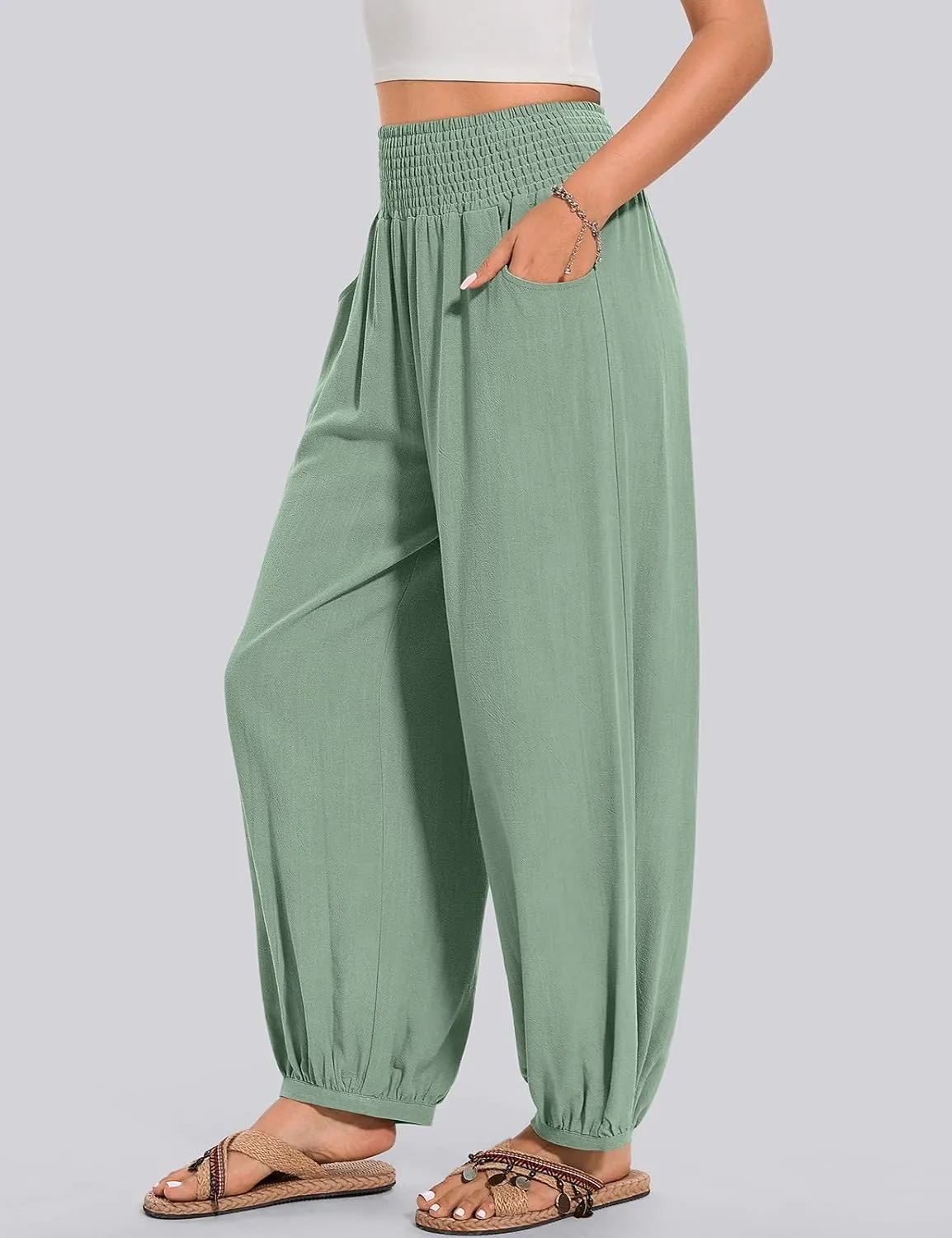 TARSE Womens Linen Wide Leg Pants Casual Loose Elastic Waisted Barrel Beach Palazzo Pants with Pockets