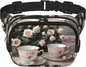 Tea Cups with Roses Romantic Shabby Print Square Double Layer functionality Waist Bag Unisex Crossbody Pack Travel Workout