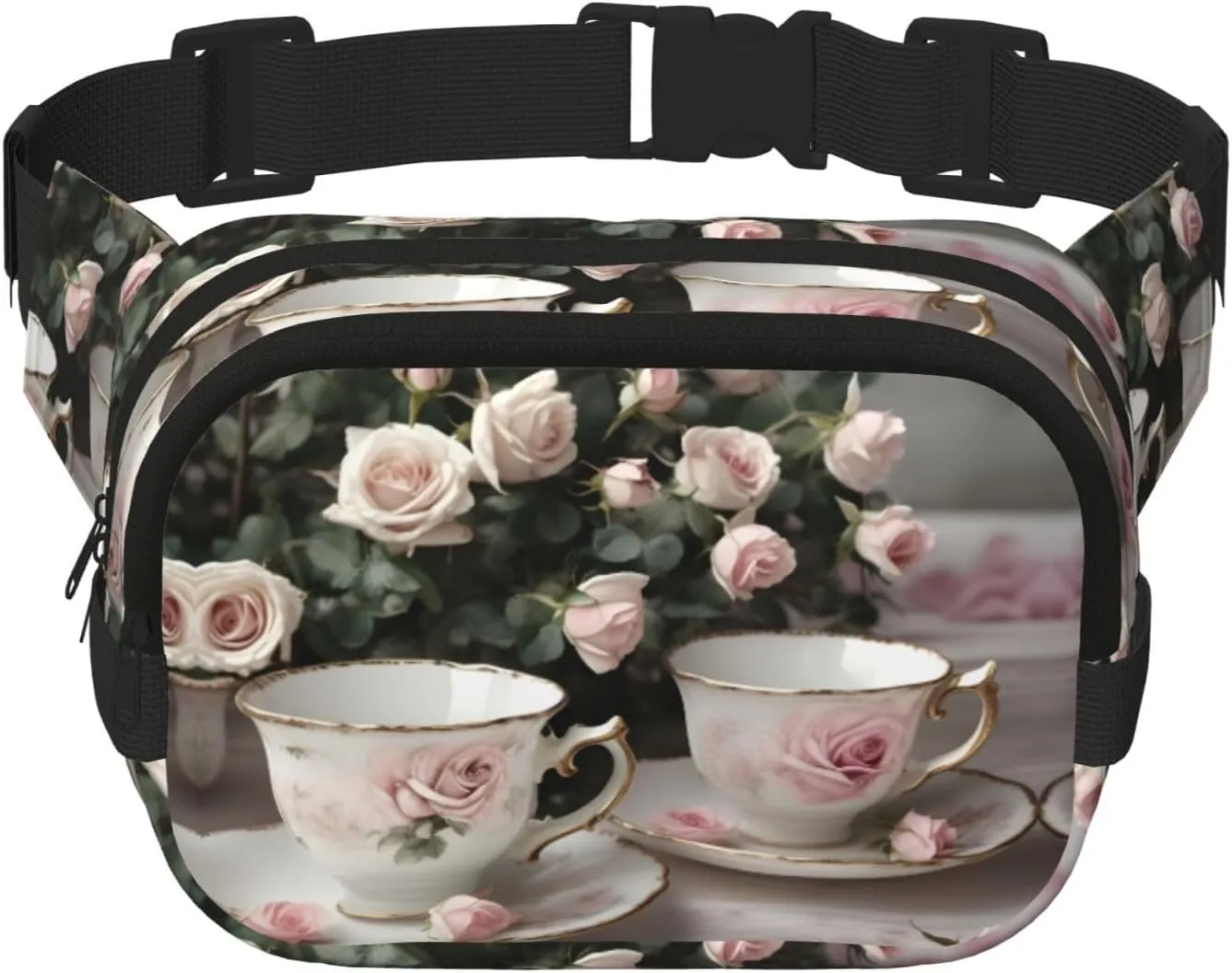 Tea Cups with Roses Romantic Shabby Print Square Double Layer functionality Waist Bag Unisex Crossbody Pack Travel Workout