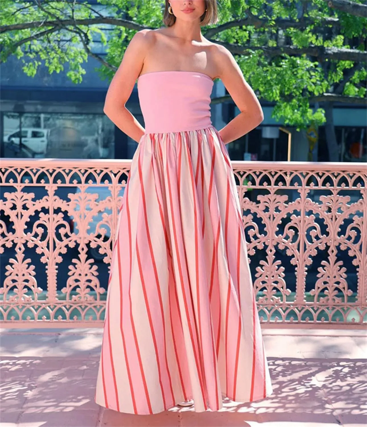 Thopavenoir Women's Strapless Floral Print Maxi Dress Chiffon Layered Tiered Tube Dresses Boho Baggy Swing Beach Sundresses