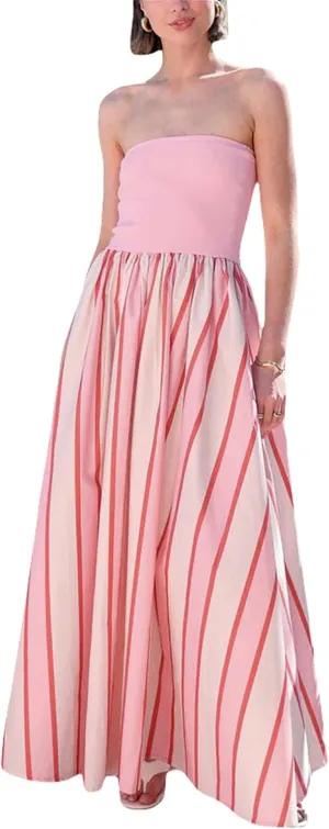 Thopavenoir Women's Strapless Floral Print Maxi Dress Chiffon Layered Tiered Tube Dresses Boho Baggy Swing Beach Sundresses