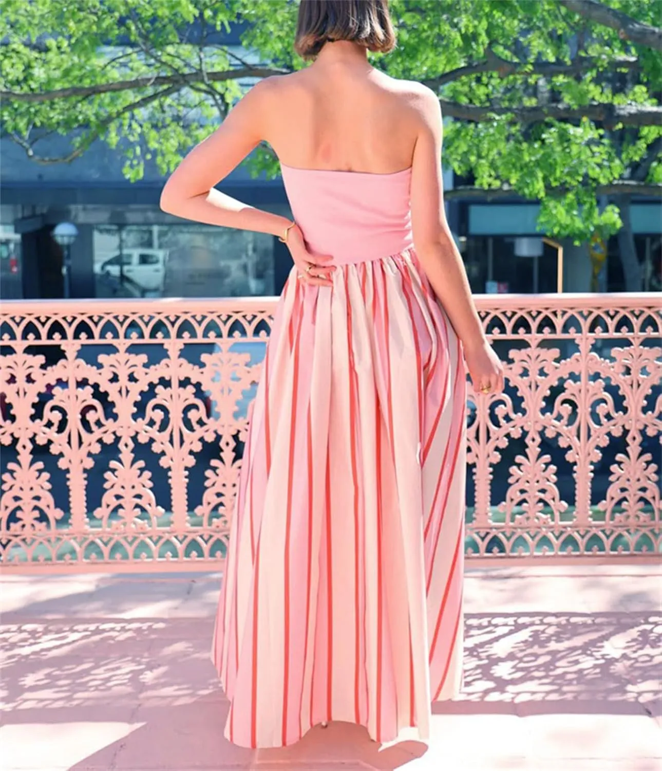 Thopavenoir Women's Strapless Floral Print Maxi Dress Chiffon Layered Tiered Tube Dresses Boho Baggy Swing Beach Sundresses