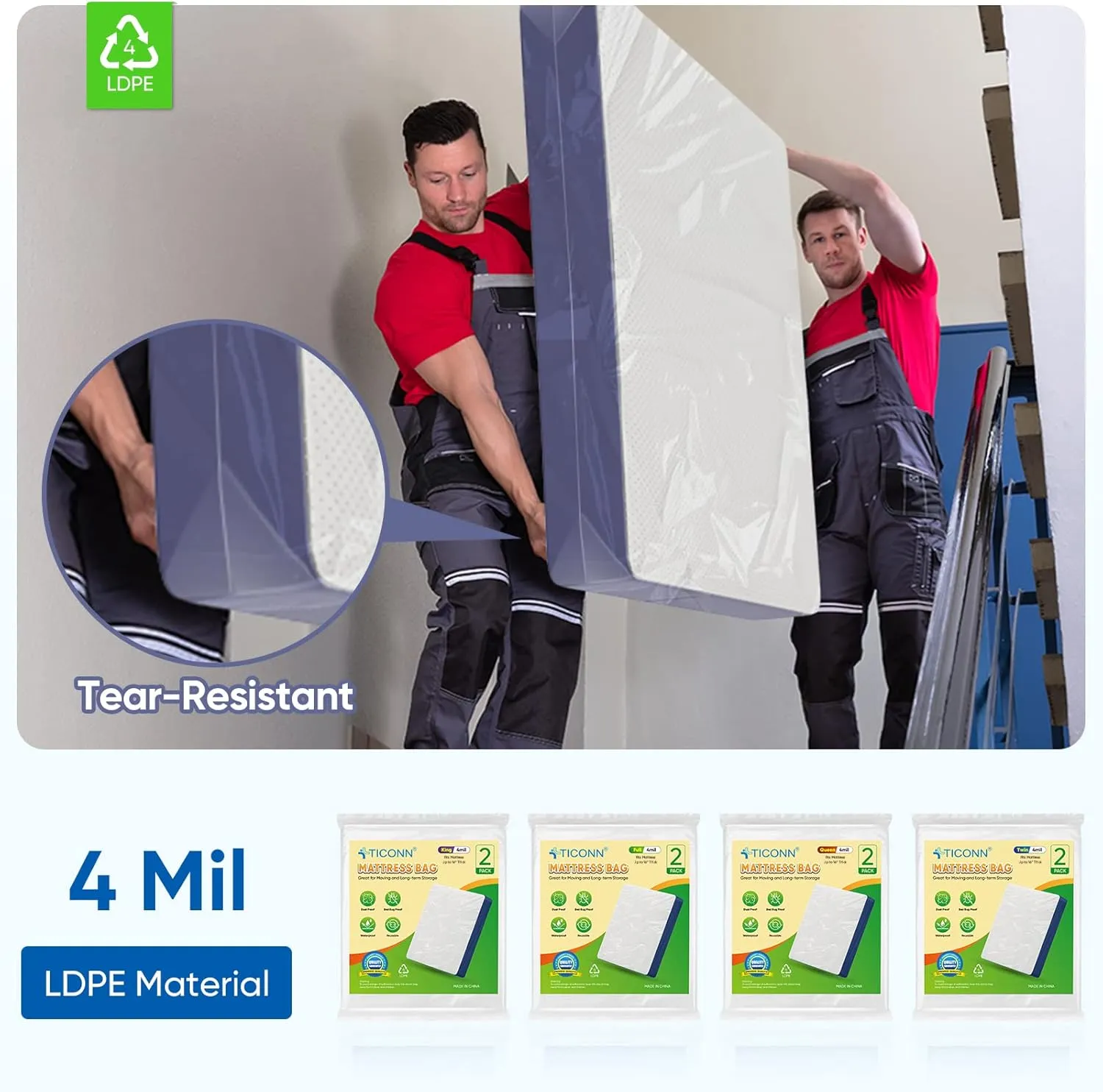TICONN 2PK Plastic Mattress Bag for Moving Storage, Waterproof Mattress Protector Cover, Heavy-Duty Mattress Moving Supplies (4 mil, King)