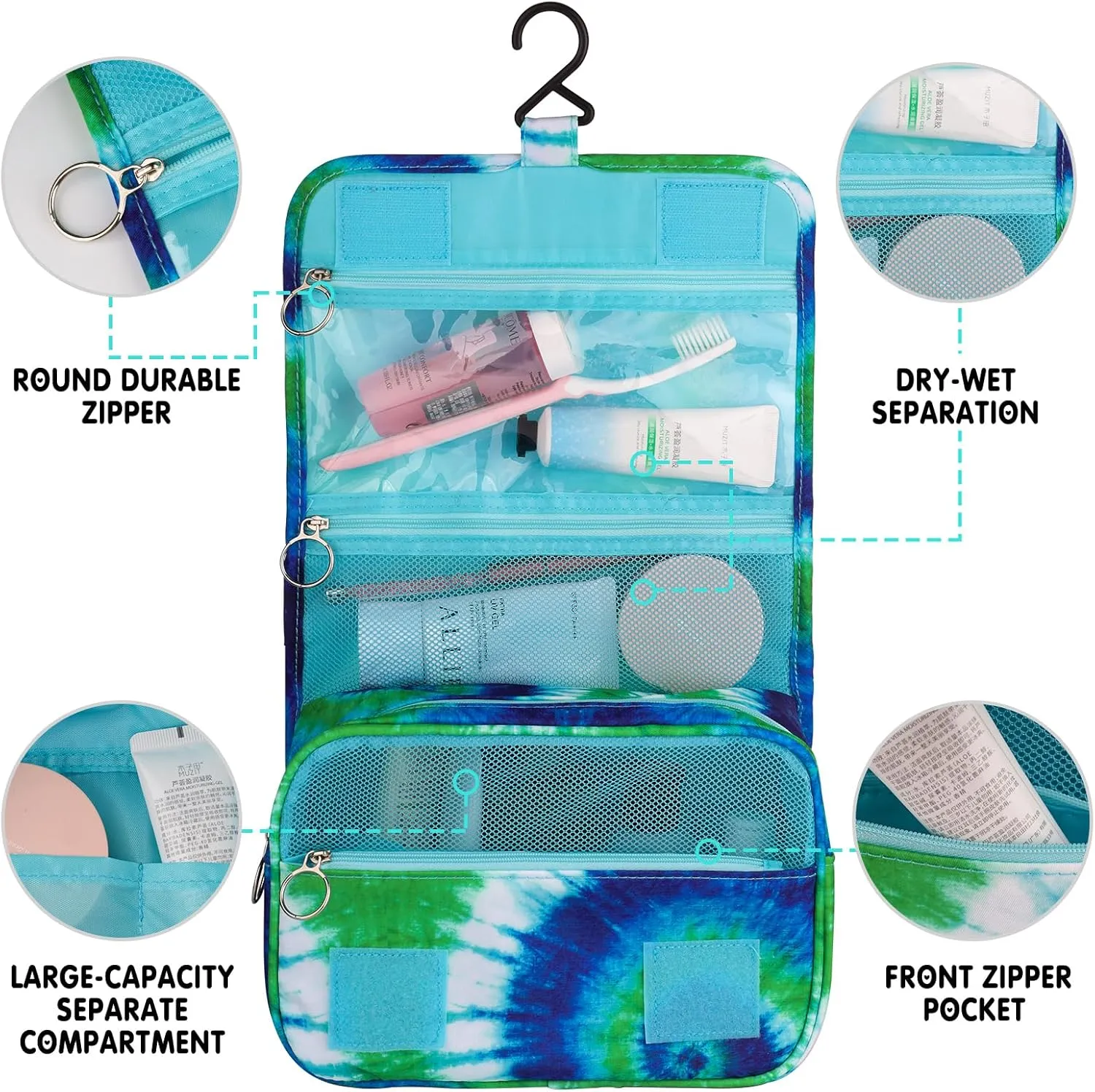 Tie Dye Hanging Toiletry Bag for Girls, Travel Toiletry Bag for Teen Girls Cosmetic Makeup Waterproof Wash Bag Traveling Toiletries, Blue