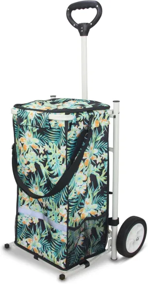 TMZ Heavy-Duty Foldable Shopping Cart with Removable Insulated Bag & Hooks - Lightweight 110 lbs Capacity Grocery Luggage Cart for Market, Travel, Laundry (Tropic Style)