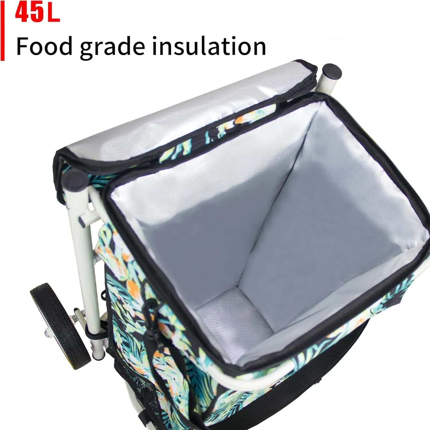 TMZ Heavy-Duty Foldable Shopping Cart with Removable Insulated Bag & Hooks - Lightweight 110 lbs Capacity Grocery Luggage Cart for Market, Travel, Laundry (Tropic Style)