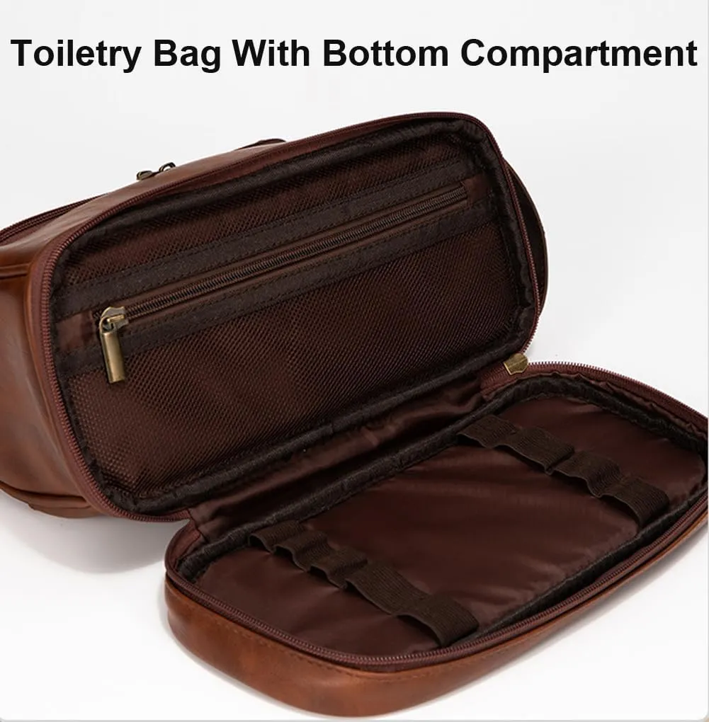 Toiletry Bag for Men Leather Travel Organizer Shaving Dopp Kit with hanging hook, Large Water-resistant Toiletries Bathroom Shaving Bags for Women