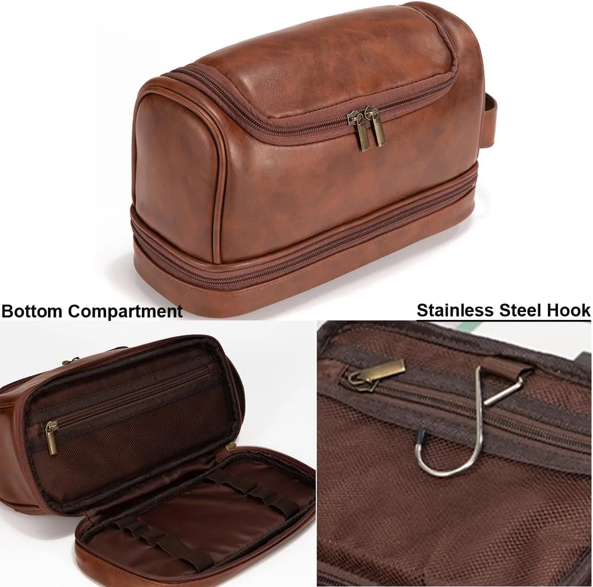Toiletry Bag for Men Leather Travel Organizer Shaving Dopp Kit with hanging hook, Large Water-resistant Toiletries Bathroom Shaving Bags for Women