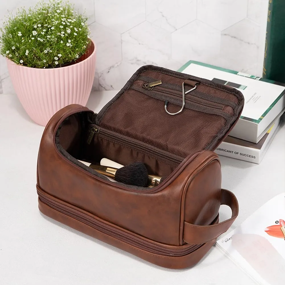 Toiletry Bag for Men Leather Travel Organizer Shaving Dopp Kit with hanging hook, Large Water-resistant Toiletries Bathroom Shaving Bags for Women