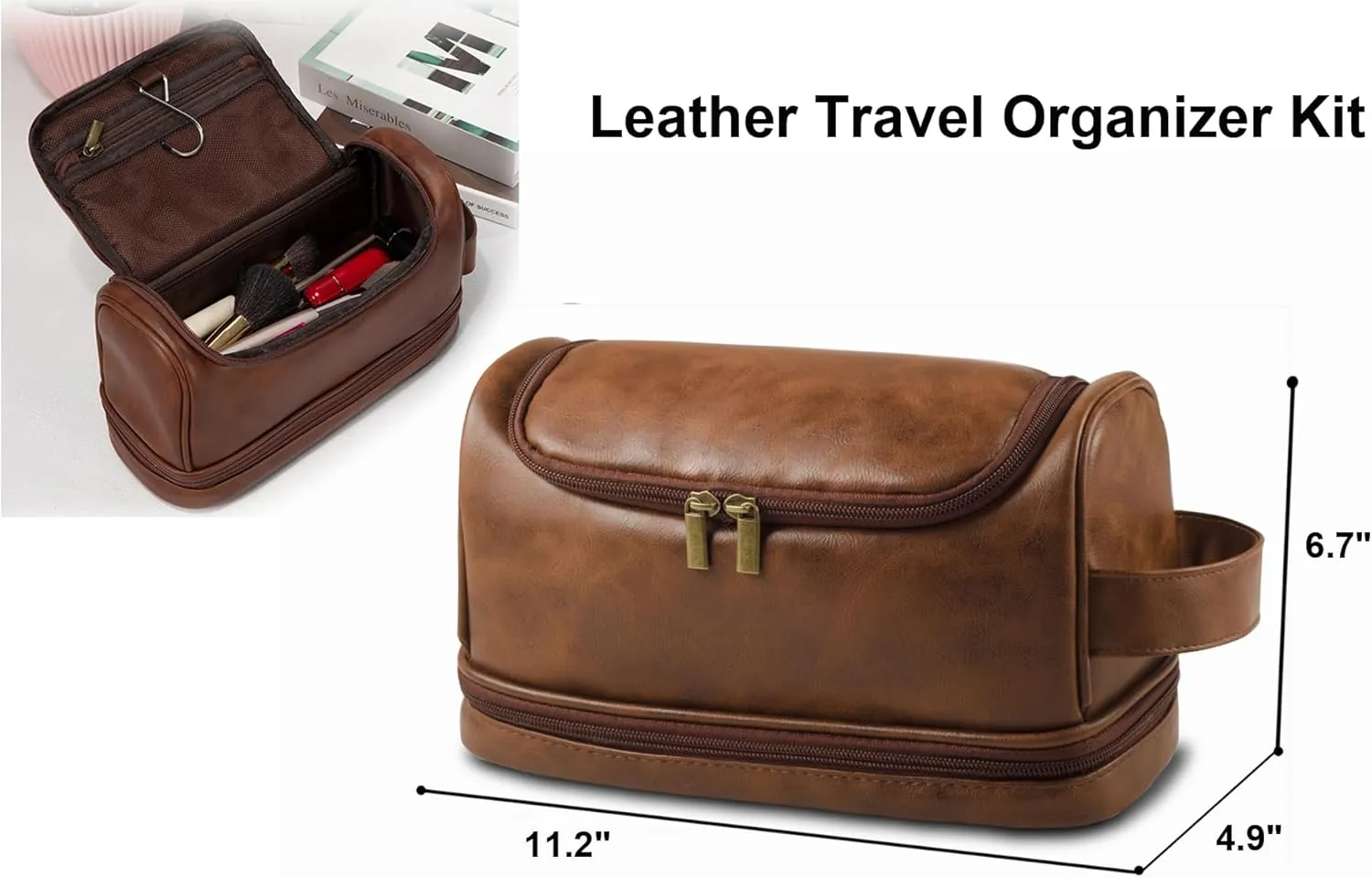 Toiletry Bag for Men Leather Travel Organizer Shaving Dopp Kit with hanging hook, Large Water-resistant Toiletries Bathroom Shaving Bags for Women