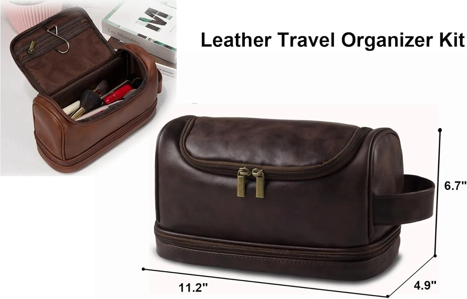 Toiletry Bag for Men Leather Travel Organizer Shaving Dopp Kit with hanging hook, Large Water-resistant Toiletries Bathroom Shaving Bags for Women