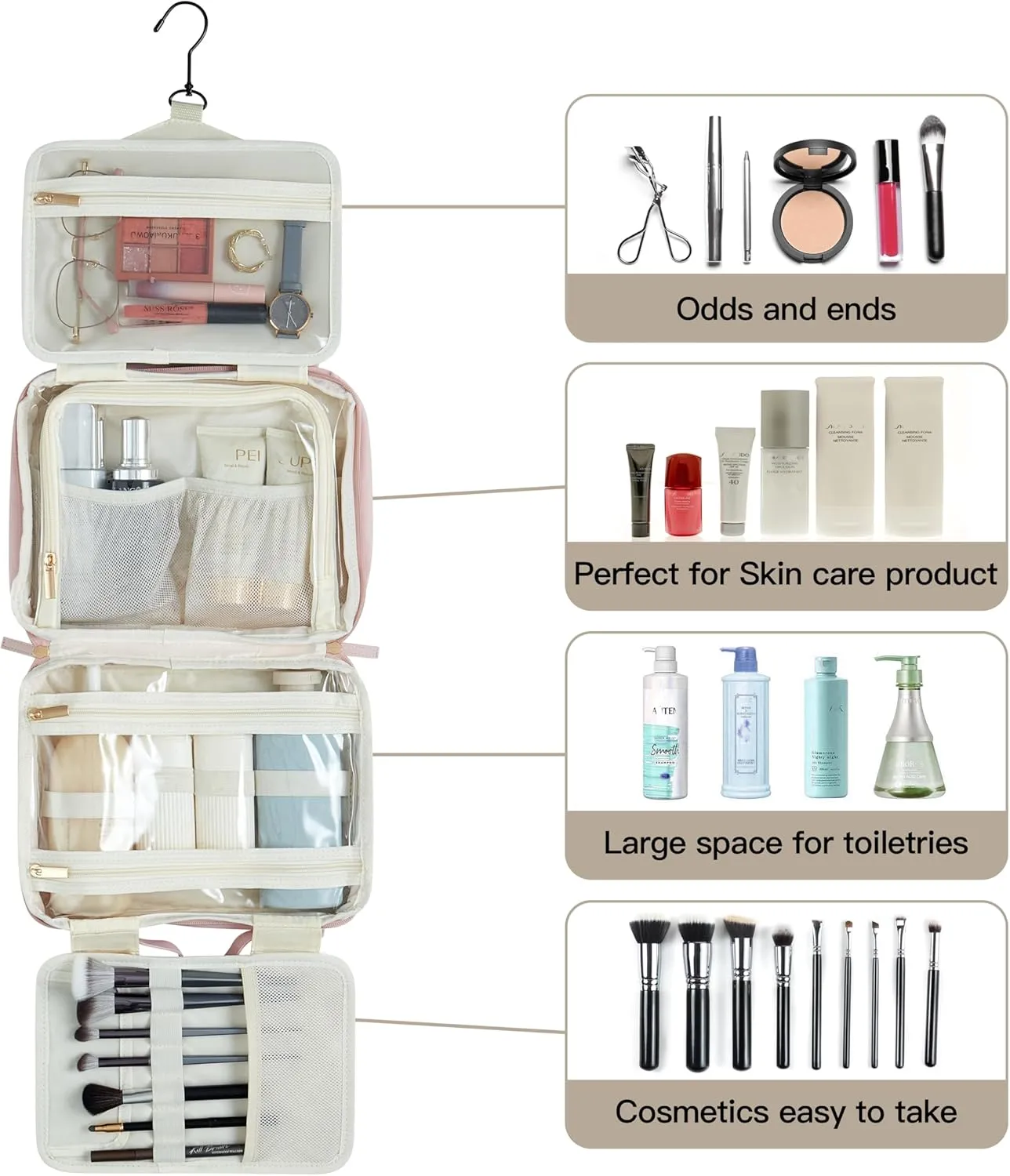 Toiletry Bag, Travel Bag for Women & Men, Portable Cosmetic Bag with Hanging Hook, Durable, Waterproof for Shampoo, Makeup, Essentials, Toiletries Acessories (Pink)