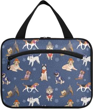 Toiletry Bag Travel Bag with Hanging Hook-Cute Dog Print Snow Flakes，Water-resistant Makeup Cosmetic Bag for gym outdoor activities ，M