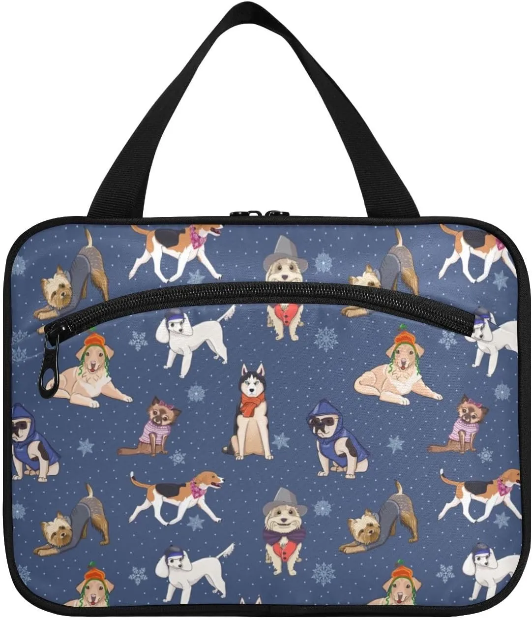 Toiletry Bag Travel Bag with Hanging Hook-Cute Dog Print Snow Flakes，Water-resistant Makeup Cosmetic Bag for gym outdoor activities ，M
