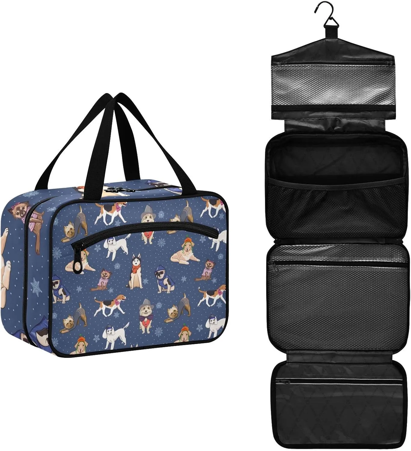 Toiletry Bag Travel Bag with Hanging Hook-Cute Dog Print Snow Flakes，Water-resistant Makeup Cosmetic Bag for gym outdoor activities ，M