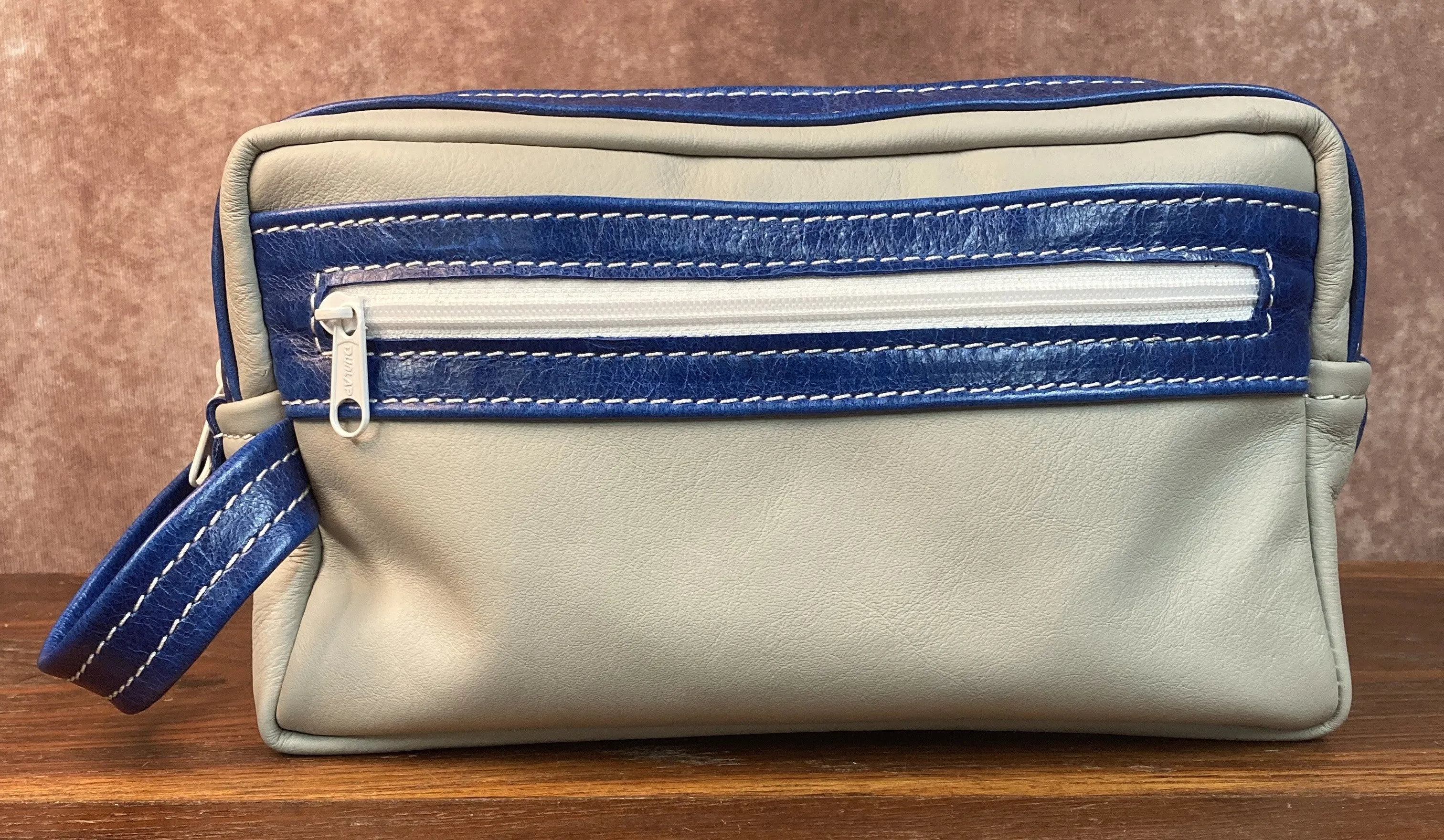 Toiletry/Cosmetic Bag/Shaving Kit - Gray and Blue Leather