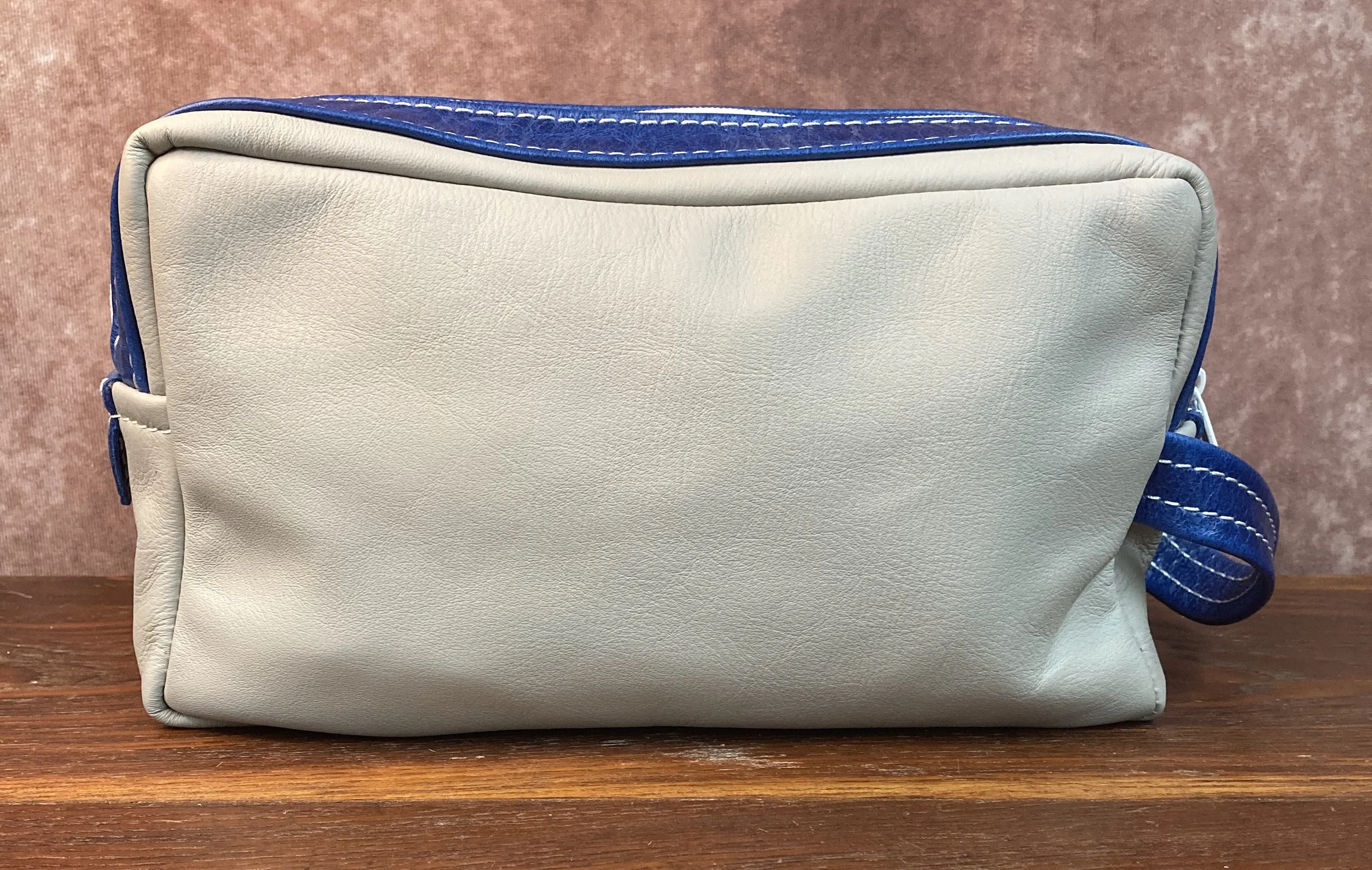 Toiletry/Cosmetic Bag/Shaving Kit - Gray and Blue Leather
