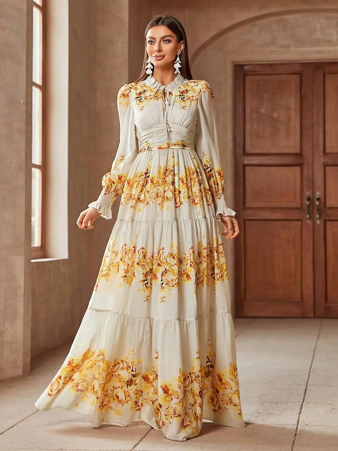 TOLEEN Summer Casual Dresses for Women 2024 Spring Fashion Boho V Neck Long Sleeve Ruffle Floral Print Elegant Maxi Dress