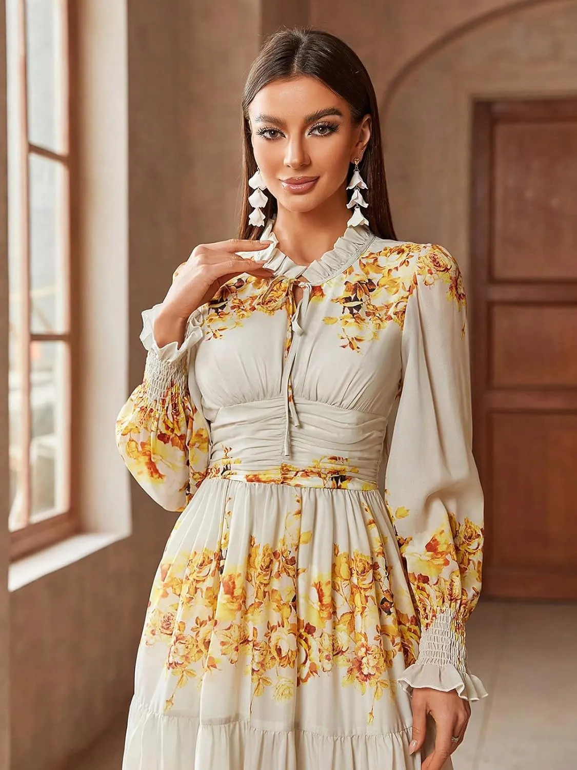 TOLEEN Summer Casual Dresses for Women 2024 Spring Fashion Boho V Neck Long Sleeve Ruffle Floral Print Elegant Maxi Dress