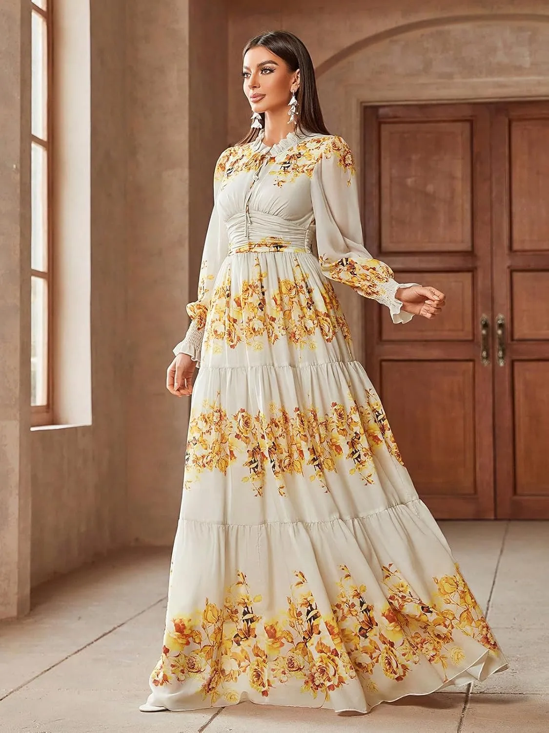 TOLEEN Summer Casual Dresses for Women 2024 Spring Fashion Boho V Neck Long Sleeve Ruffle Floral Print Elegant Maxi Dress