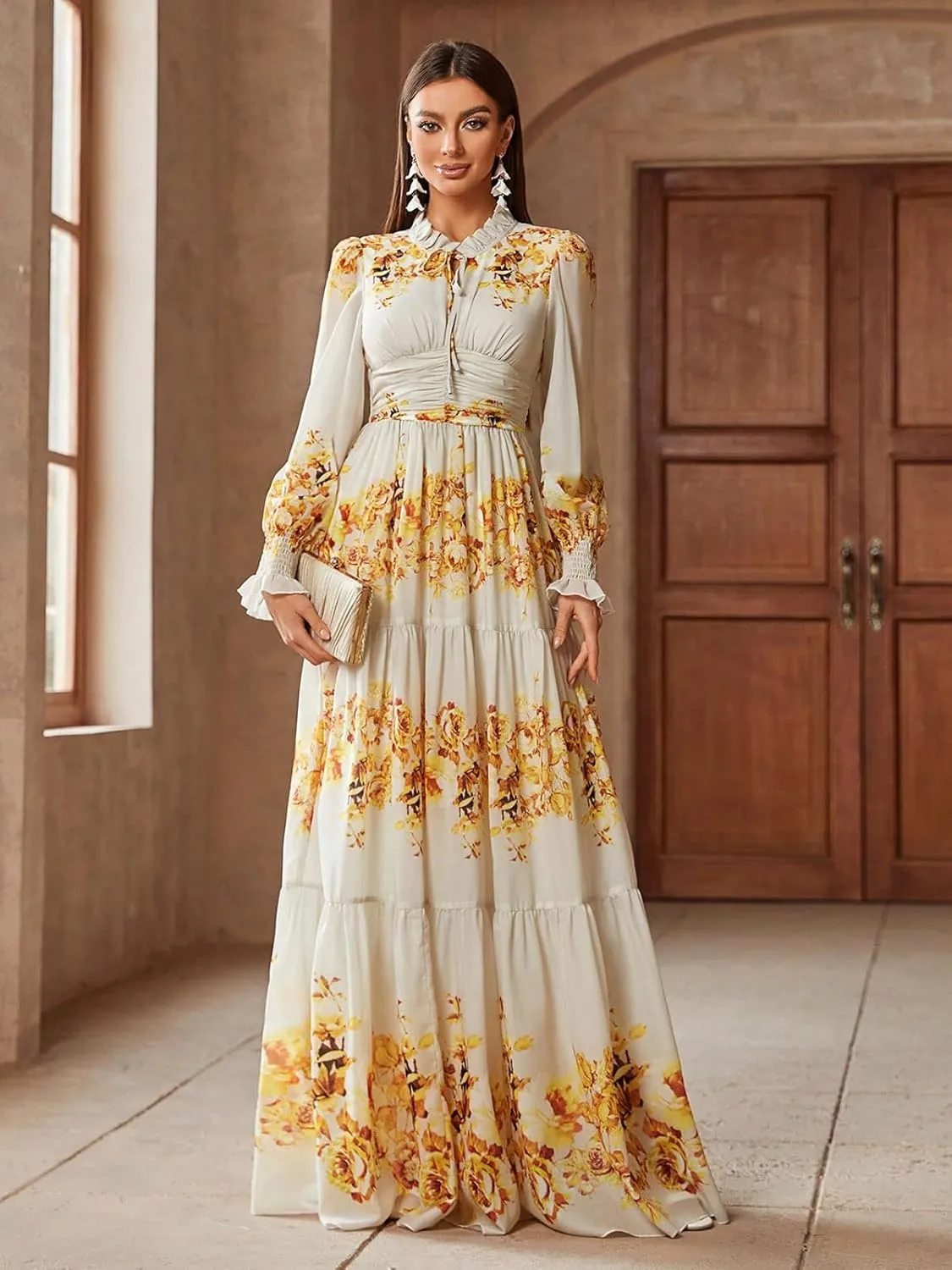 TOLEEN Summer Casual Dresses for Women 2024 Spring Fashion Boho V Neck Long Sleeve Ruffle Floral Print Elegant Maxi Dress