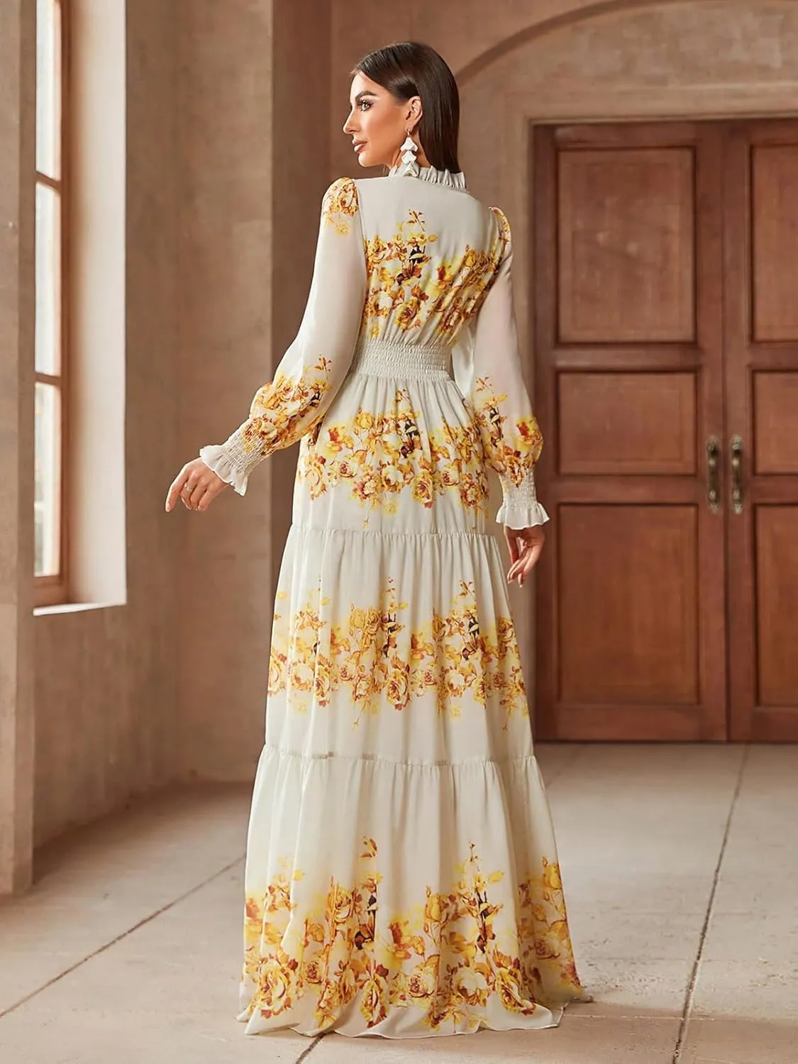 TOLEEN Summer Casual Dresses for Women 2024 Spring Fashion Boho V Neck Long Sleeve Ruffle Floral Print Elegant Maxi Dress