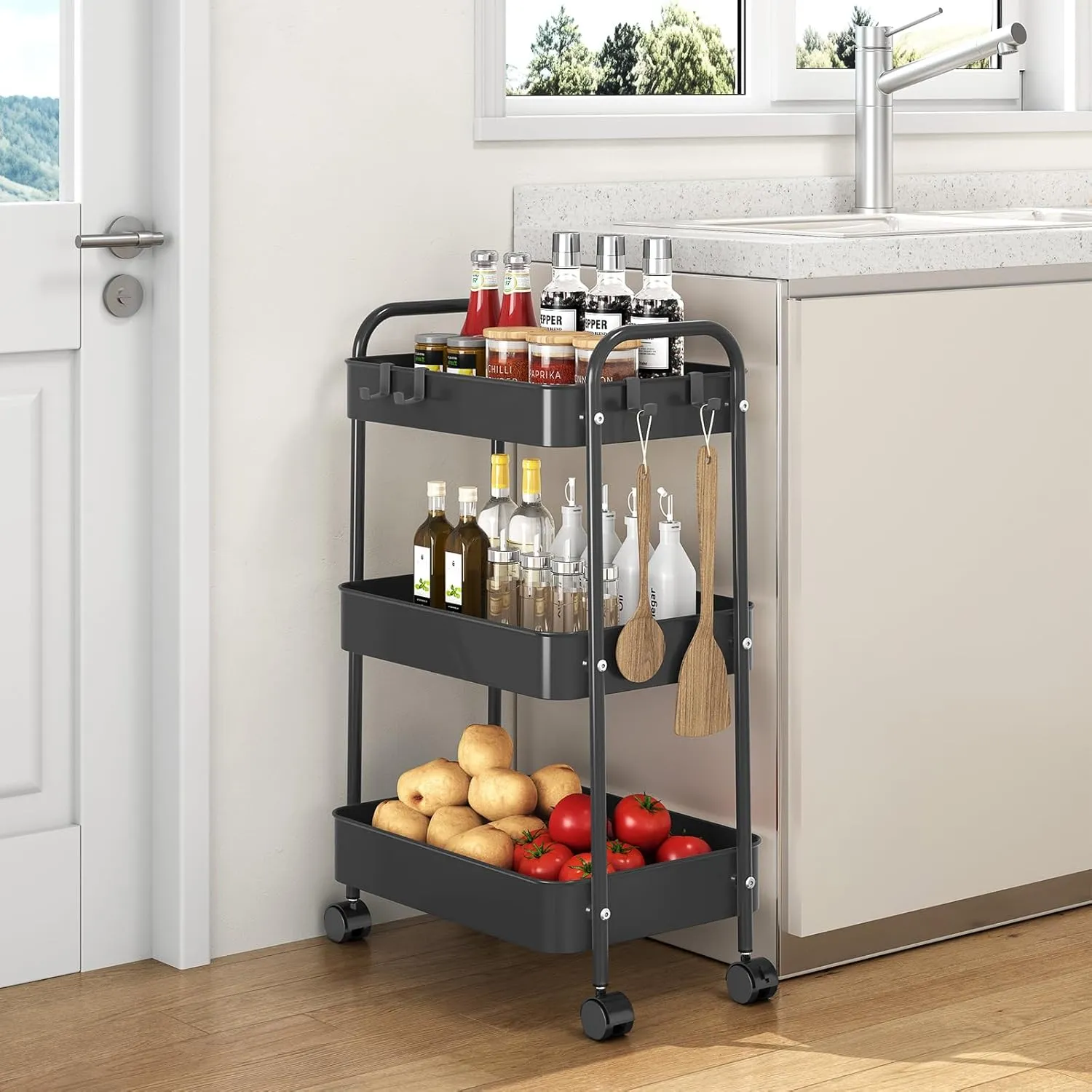 TOOLF 3 Tier Rolling Storage Cart, Metal Utility Cart with Hooks Trolley on Wheels Storage Organizer Serving Cart Mobile Craft Cart for Office, Bathroom, Kitchen, Kids' Room, Classroom Black