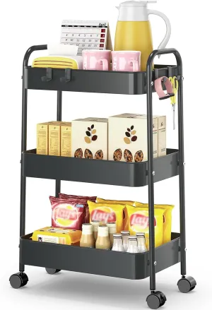 TOOLF 3 Tier Rolling Storage Cart, Metal Utility Cart with Hooks Trolley on Wheels Storage Organizer Serving Cart Mobile Craft Cart for Office, Bathroom, Kitchen, Kids' Room, Classroom Black