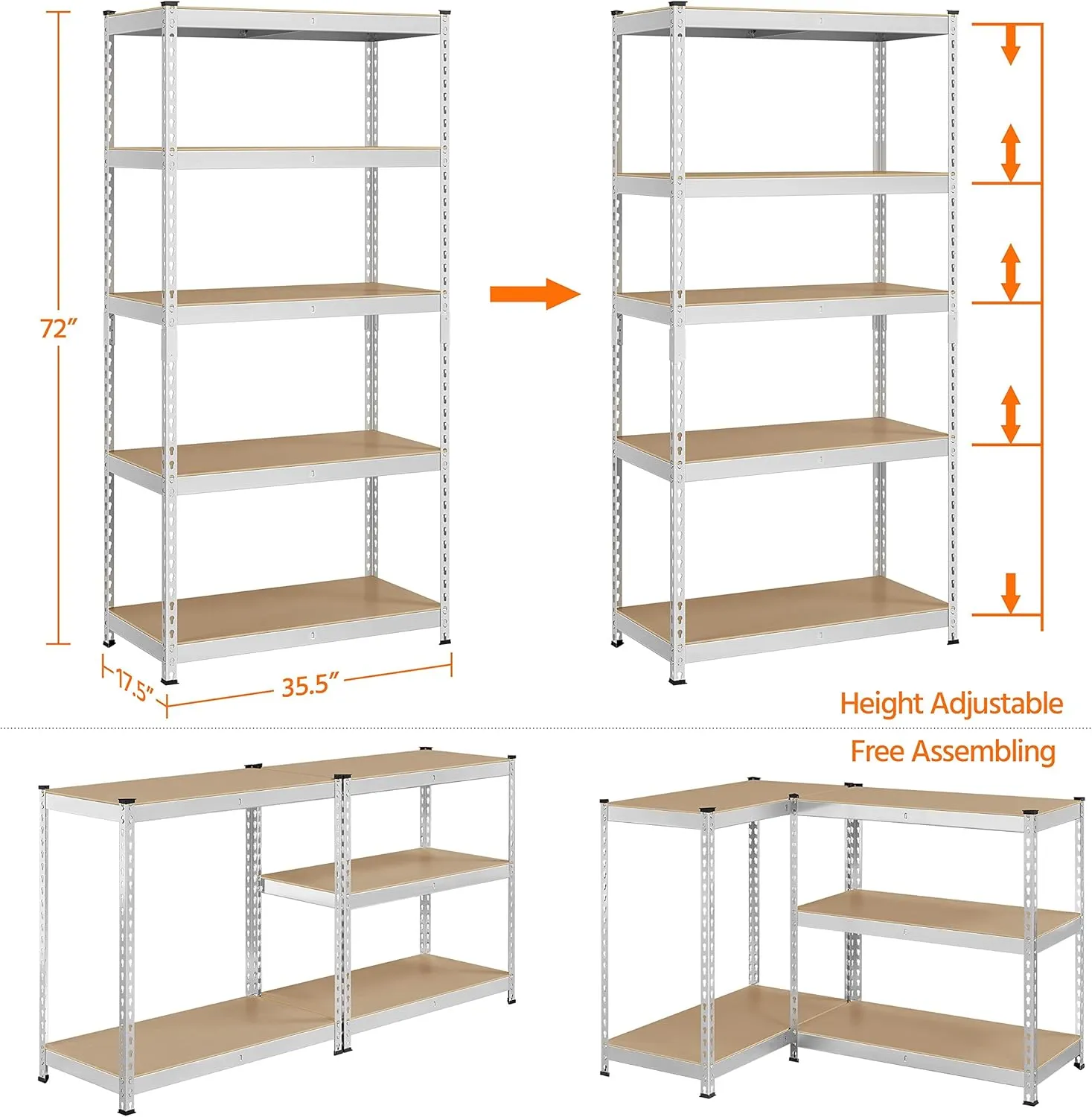 Topeakmart 5-Tier Utility Shelves, Metal Storage Shelves Garage Shelving Unit Adjustable Garage Storage Shelves Storage Racks Heavy Duty Shed Shelving- Silver, 35.5 x 17.5 x 72 Inch