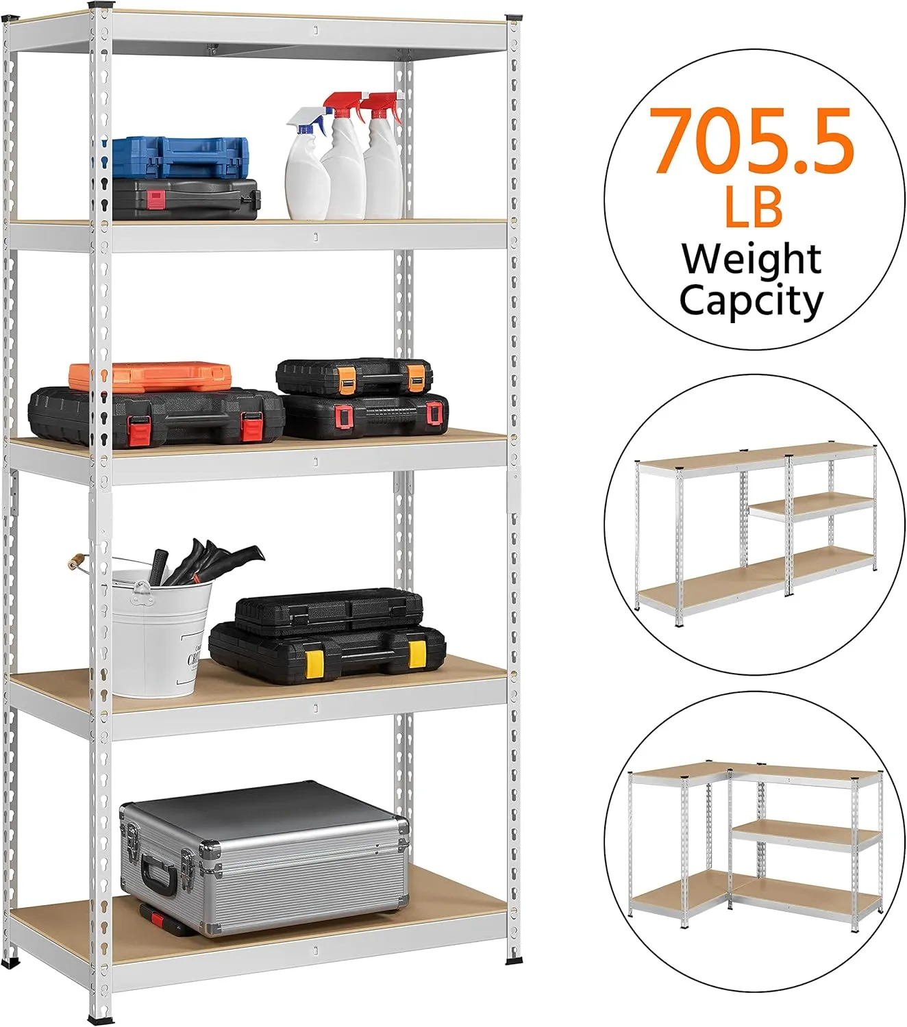 Topeakmart 5-Tier Utility Shelves, Metal Storage Shelves Garage Shelving Unit Adjustable Garage Storage Shelves Storage Racks Heavy Duty Shed Shelving- Silver, 35.5 x 17.5 x 72 Inch