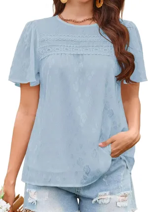 Tops for Women 2025 Boho Floral Blouses Short Puff Sleeve Shirts Summer Flowy Crew Neck Casual Peasant Lace Clothing