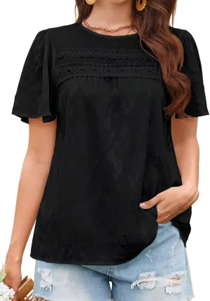 Tops for Women 2025 Boho Floral Blouses Short Puff Sleeve Shirts Summer Flowy Crew Neck Casual Peasant Lace Clothing