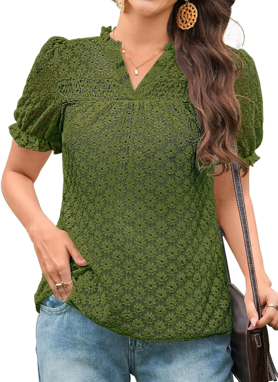Tops For Women 2025 Boho Floral Short Puff Sleeve Shirts Summer Flowy V Neck Casual Lace Blouses