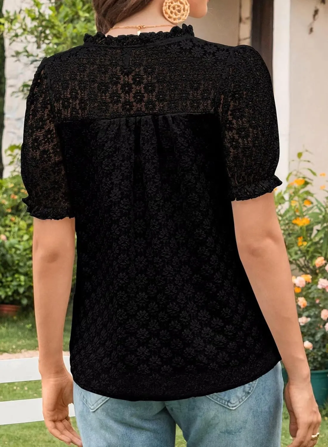 Tops For Women 2025 Boho Floral Short Puff Sleeve Shirts Summer Flowy V Neck Casual Lace Blouses