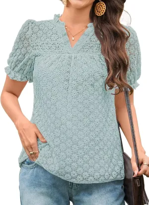 Tops For Women 2025 Boho Floral Short Puff Sleeve Shirts Summer Flowy V Neck Casual Lace Blouses