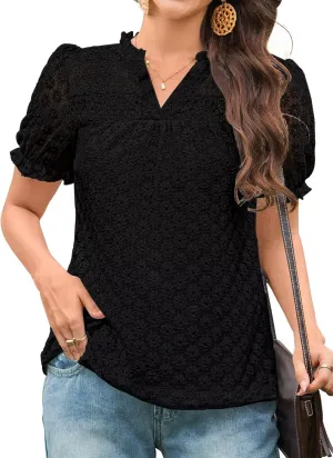 Tops For Women 2025 Boho Floral Short Puff Sleeve Shirts Summer Flowy V Neck Casual Lace Blouses