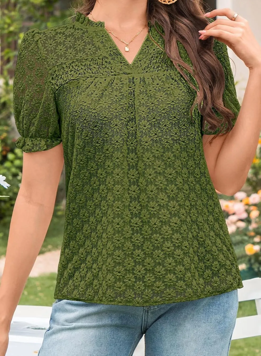 Tops For Women 2025 Boho Floral Short Puff Sleeve Shirts Summer Flowy V Neck Casual Lace Blouses