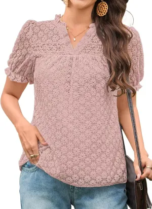 Tops For Women 2025 Boho Floral Short Puff Sleeve Shirts Summer Flowy V Neck Casual Lace Blouses