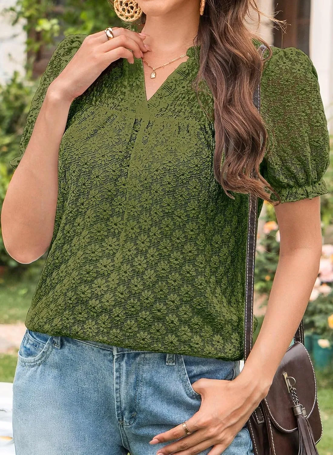 Tops For Women 2025 Boho Floral Short Puff Sleeve Shirts Summer Flowy V Neck Casual Lace Blouses