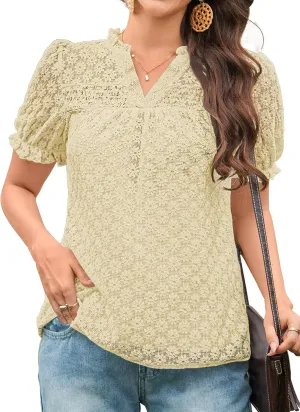 Tops For Women 2025 Boho Floral Short Puff Sleeve Shirts Summer Flowy V Neck Casual Lace Blouses