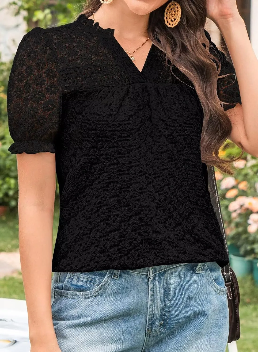 Tops For Women 2025 Boho Floral Short Puff Sleeve Shirts Summer Flowy V Neck Casual Lace Blouses