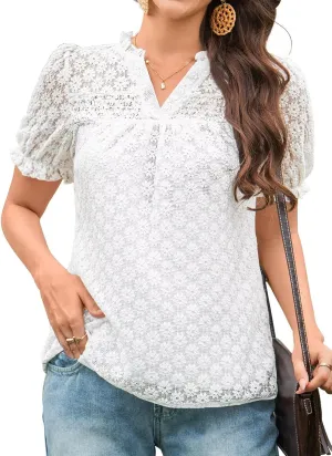 Tops For Women 2025 Boho Floral Short Puff Sleeve Shirts Summer Flowy V Neck Casual Lace Blouses