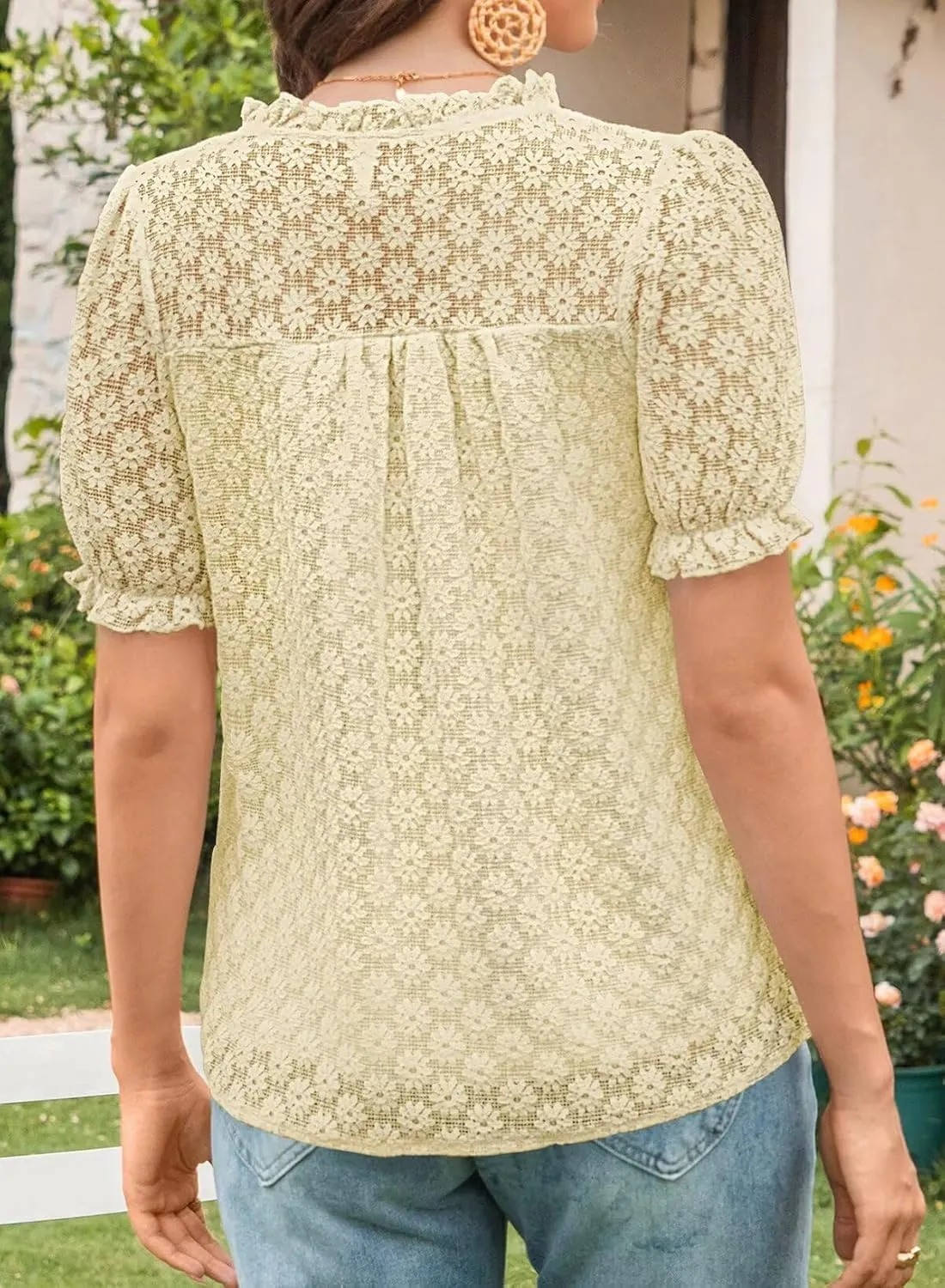 Tops For Women 2025 Boho Floral Short Puff Sleeve Shirts Summer Flowy V Neck Casual Lace Blouses