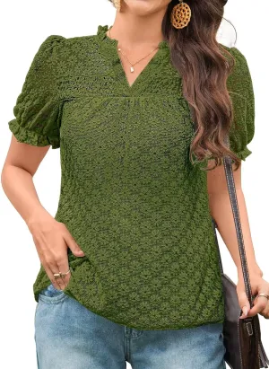 Tops For Women 2025 Boho Floral Short Puff Sleeve Shirts Summer Flowy V Neck Casual Lace Blouses