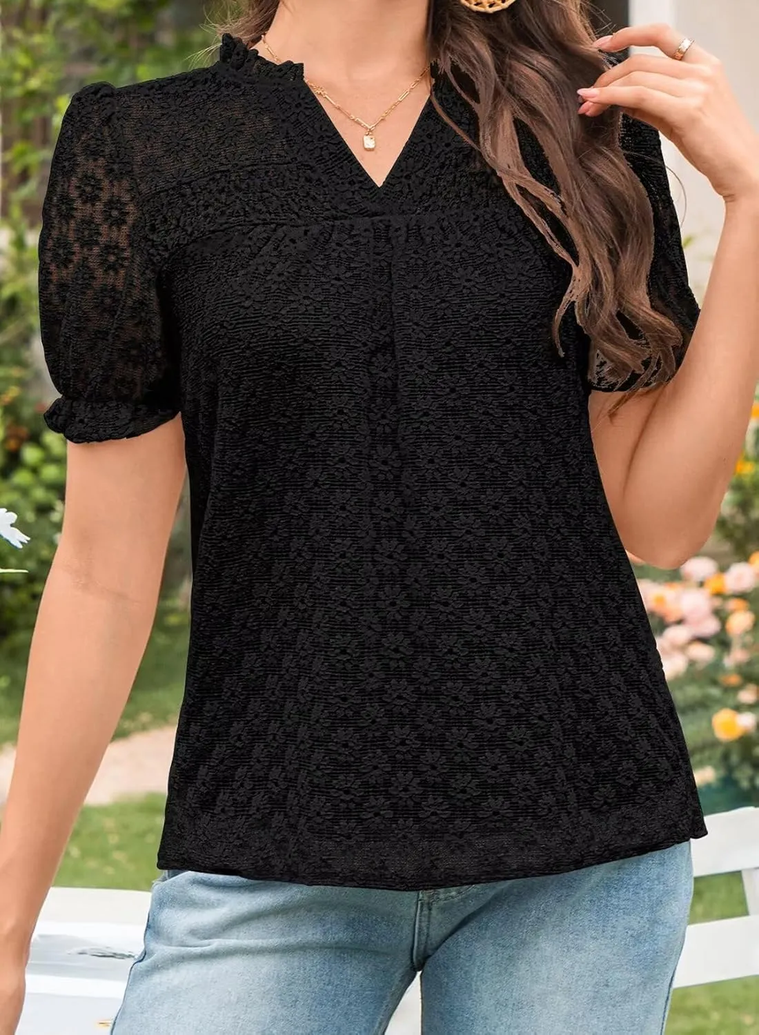 Tops For Women 2025 Boho Floral Short Puff Sleeve Shirts Summer Flowy V Neck Casual Lace Blouses