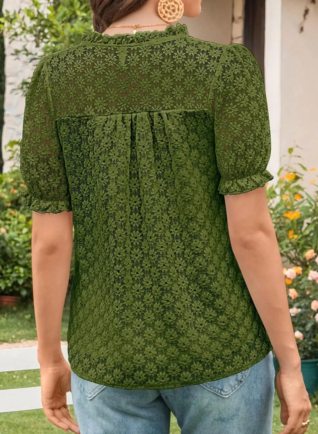 Tops For Women 2025 Boho Floral Short Puff Sleeve Shirts Summer Flowy V Neck Casual Lace Blouses