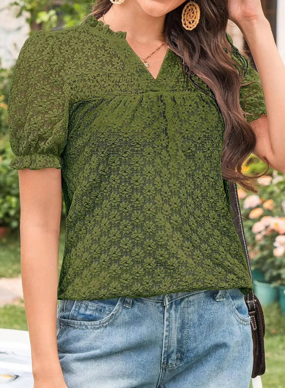 Tops For Women 2025 Boho Floral Short Puff Sleeve Shirts Summer Flowy V Neck Casual Lace Blouses