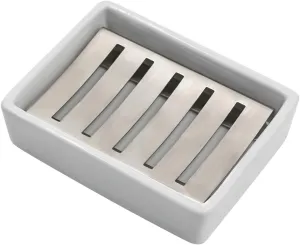 TOPSKY Ceramic Soap Dish Holder Stainless Steel for Bathroom, Double Layer, Self-draining Soap Tray, Say No to Mushy Soap, Easy Cleaning. (White)