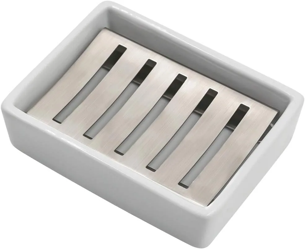 TOPSKY Ceramic Soap Dish Holder Stainless Steel for Bathroom, Double Layer, Self-draining Soap Tray, Say No to Mushy Soap, Easy Cleaning. (White)