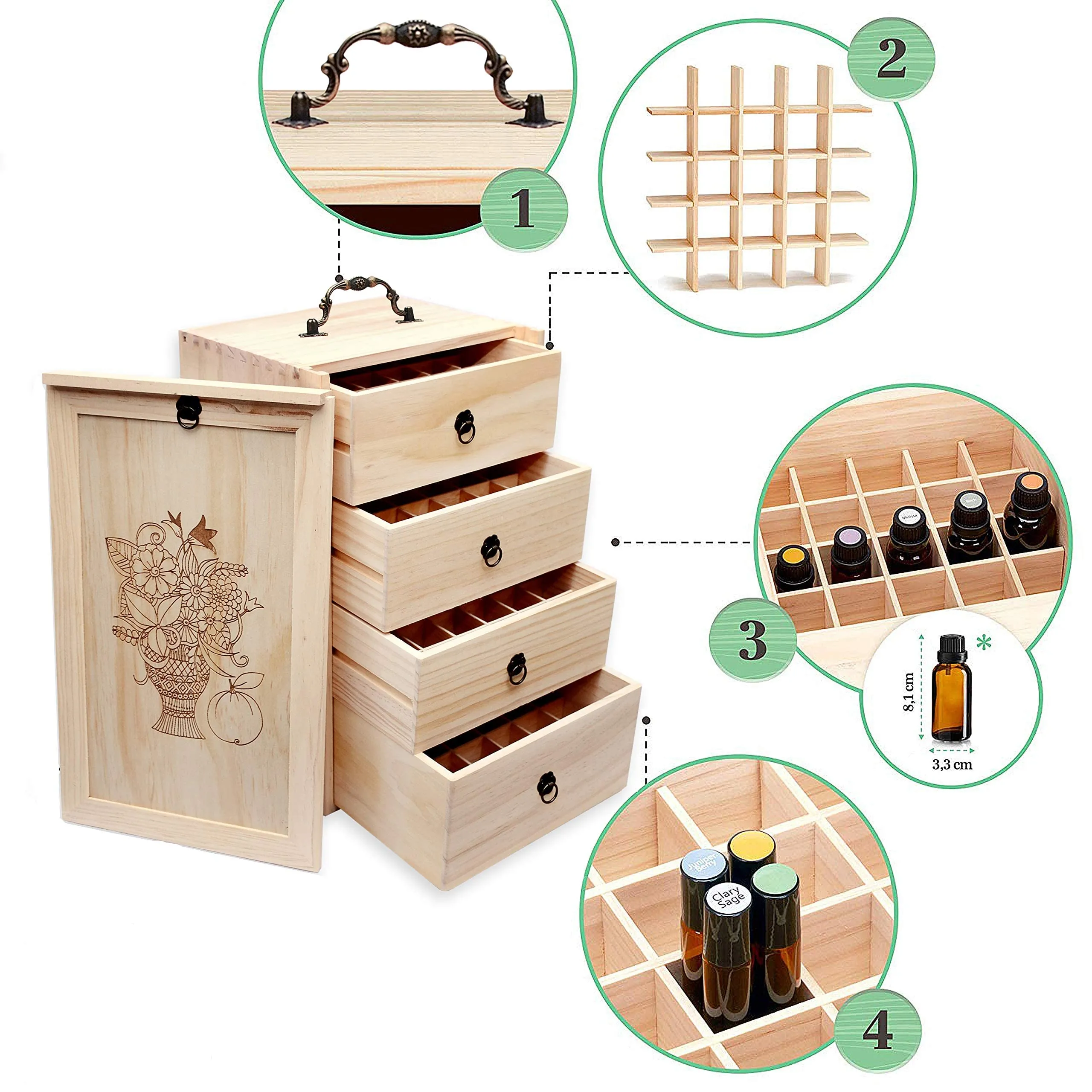 TORIBIO Essential Oil Box, Wooden Essential Oils Storage Holder Organizer for 96 Bottles, Holds 5 to 30 ml for Young Living & Doterra Bottles